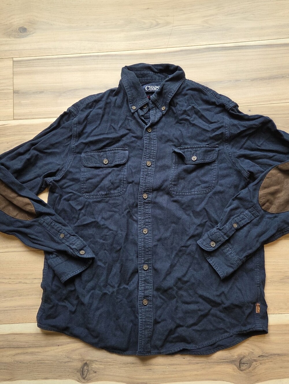Chaps Men's Long Sleeve Button-Down Shirt Dark Navy Blue Suede Elbow Patches Siz